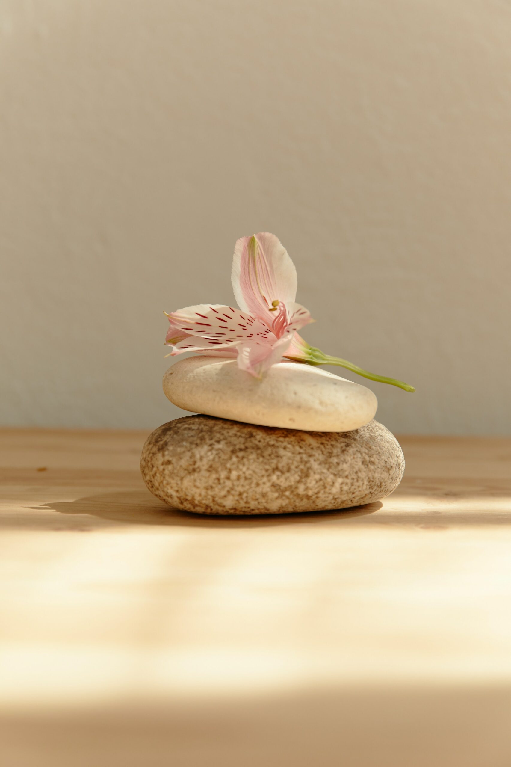 A stack of white pebbled stone with a pink flower